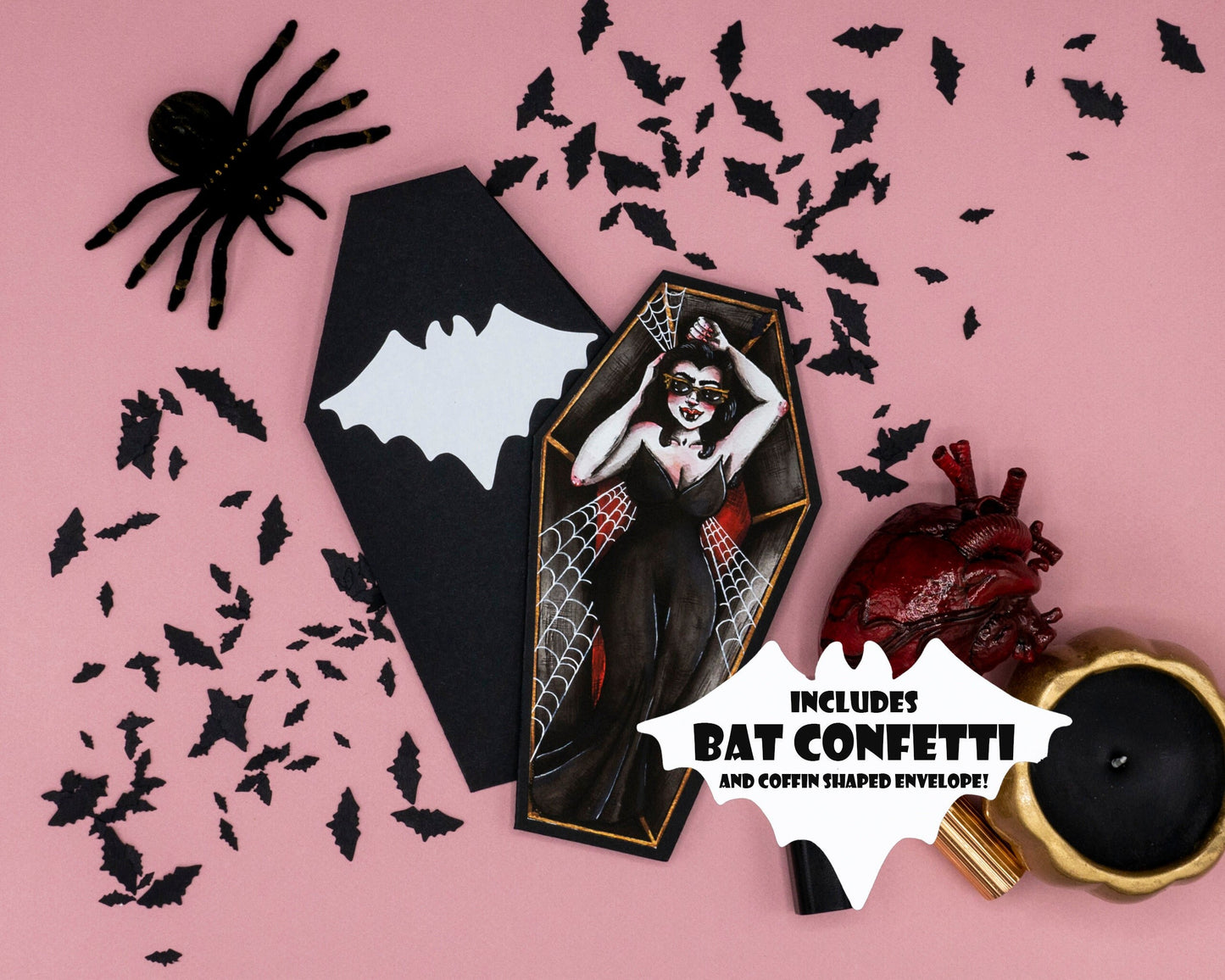 Vampira/Vampire Card and Coffin Envelope with Bat Confetti