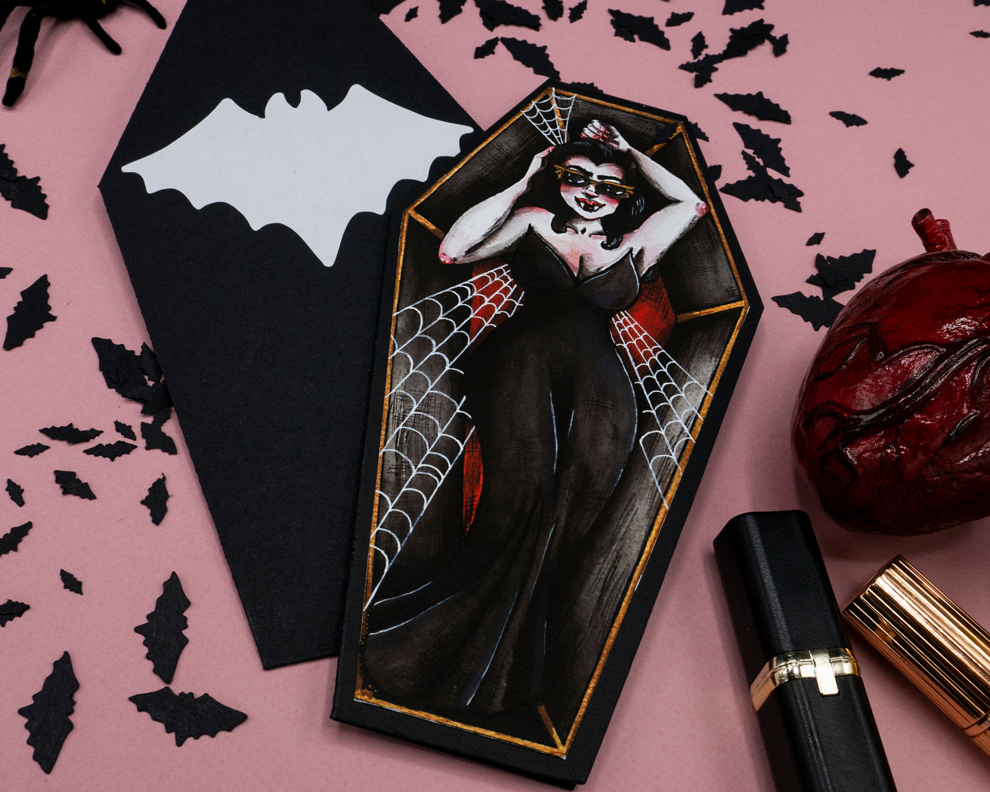 Vampira/Vampire Card and Coffin Envelope with Bat Confetti